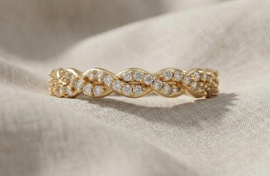 925 Sterling Silver Braided Diamond Ring, Gold Plated Infinity Twist Band, Dainty Wedding Band, Promise Ring, Anniversary Gift for Her