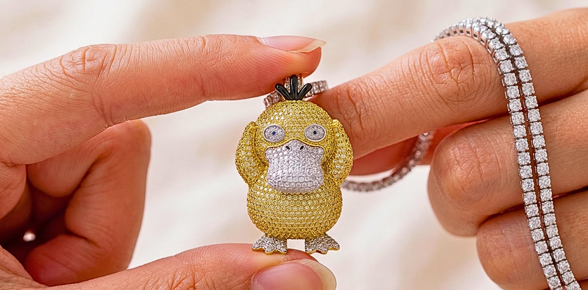 Iced Out Psyduck Pendant | Micro Pave Anime Necklace | 925 Sterling Silver Character Jewelry | Custom Gamer Chain
