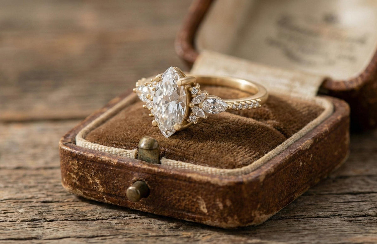 Marquise Moissanite Engagement Ring, Vintage Leaf Design, 925 Sterling Silver