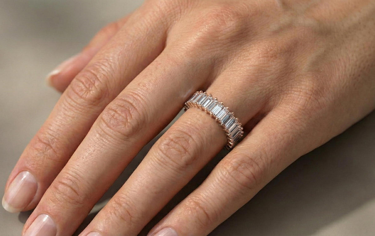 925 Sterling Silver Baguette Cut Eternity Ring, Minimalist Diamond Band, Gold Finish Wedding Ring, Anniversary Gift for Her, Women Jewellery
