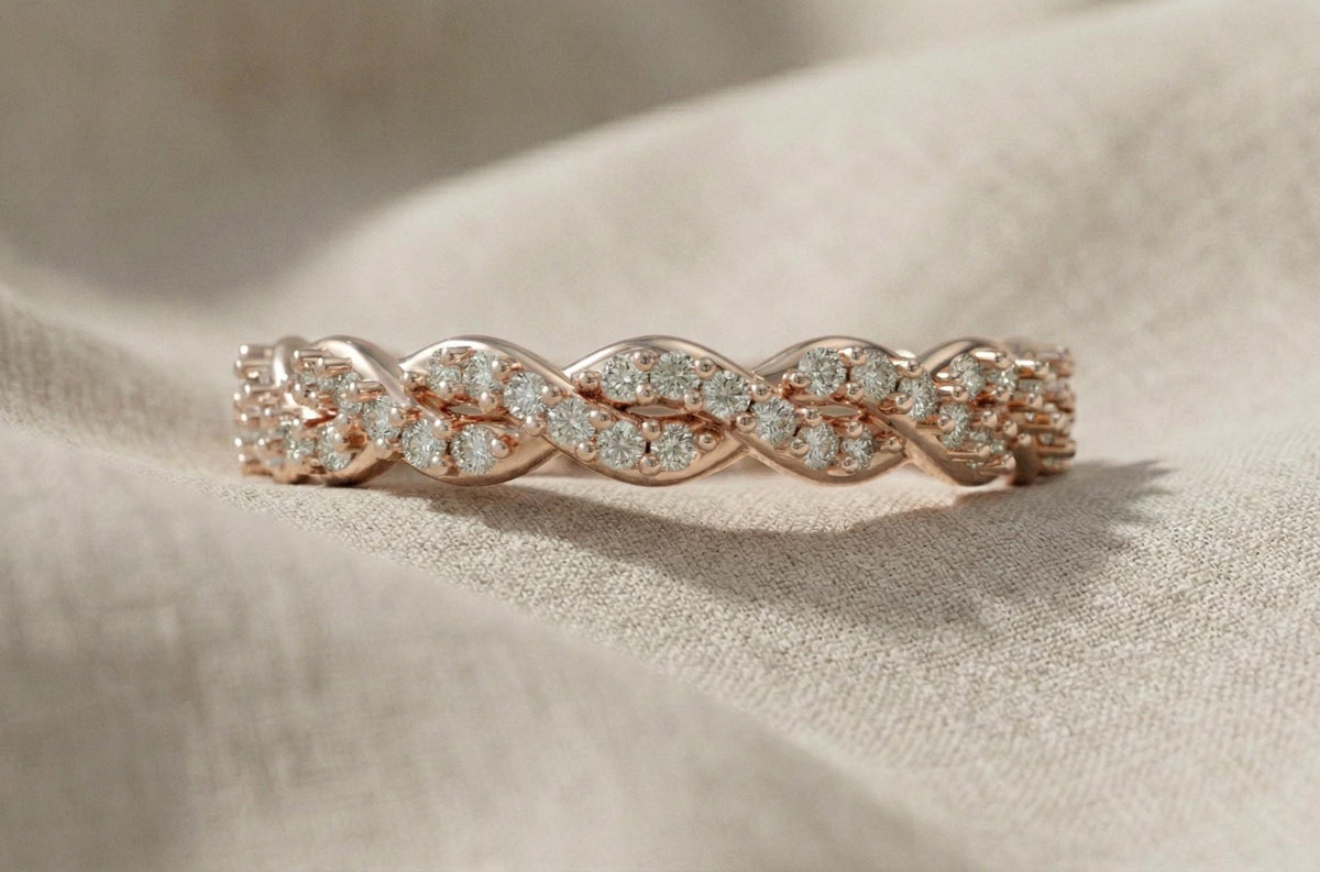 925 Sterling Silver Braided Diamond Ring, Gold Plated Infinity Twist Band, Dainty Wedding Band, Promise Ring, Anniversary Gift for Her