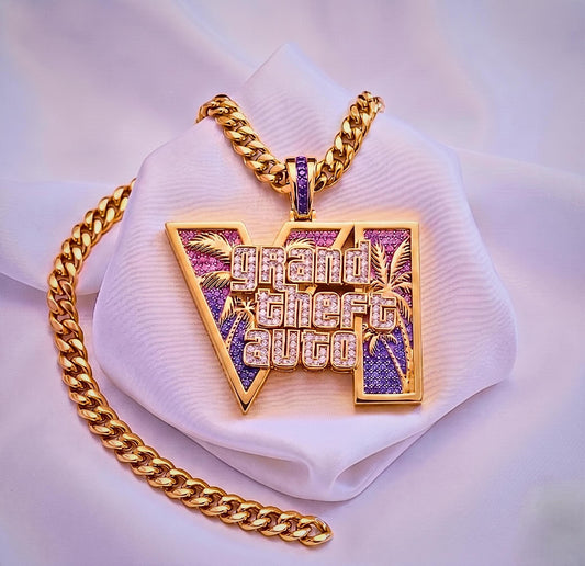 925 Silver GTA 6 Vice City Pendant, Gold Plated 6A CZ Iced Out Necklace, Grand Theft Auto Hip Hop Jewelry, Gamer Bling Chain Gift for Men