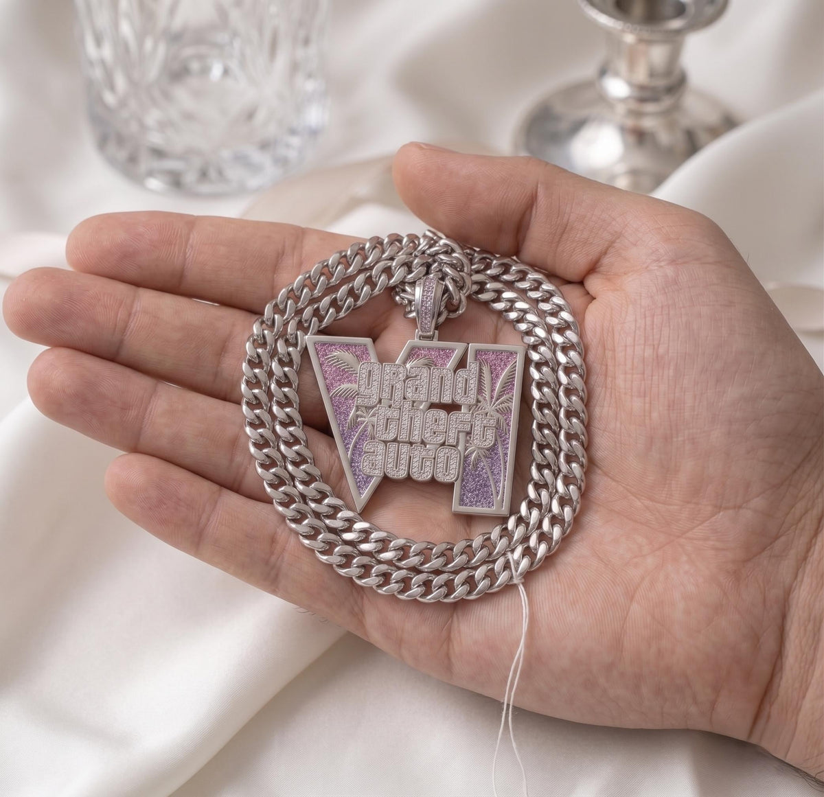 925 Silver GTA 6 Vice City Pendant, Gold Plated 6A CZ Iced Out Necklace, Grand Theft Auto Hip Hop Jewelry, Gamer Bling Chain Gift for Men