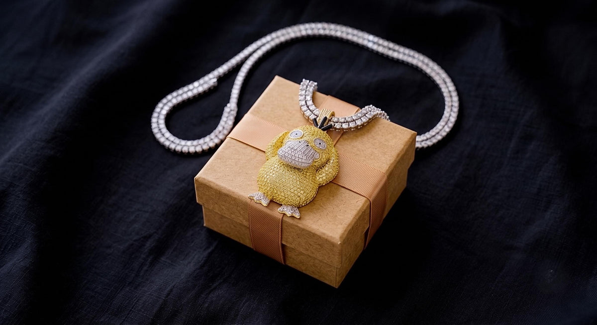 Iced Out Psyduck Pendant | Micro Pave Anime Necklace | 925 Sterling Silver Character Jewelry | Custom Gamer Chain