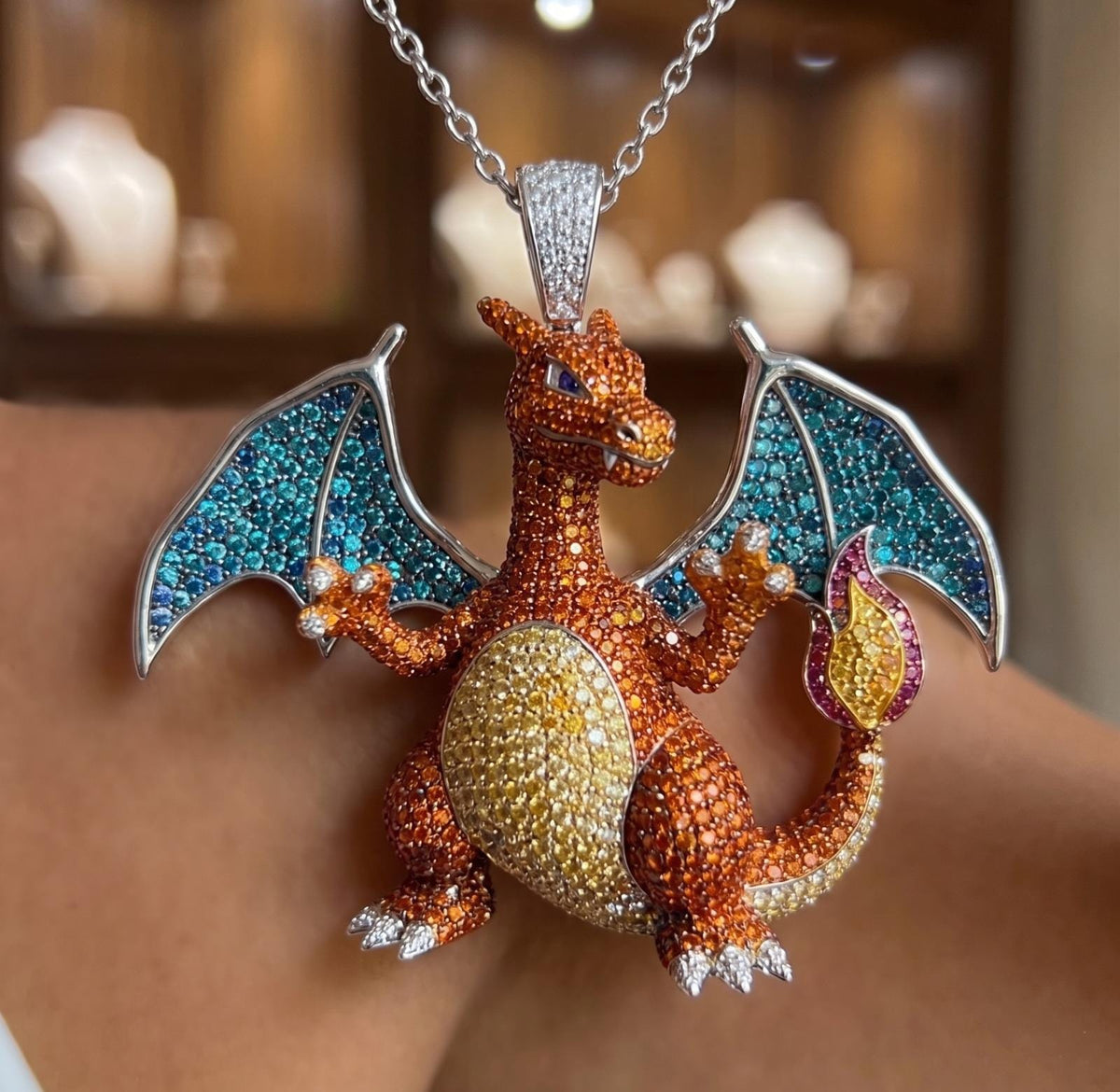 Rare Iced Out Charizard Pokémon Pendant | 925 Sterling Silver & Gold plated Anime Gift Gamers Gift for her/him/her