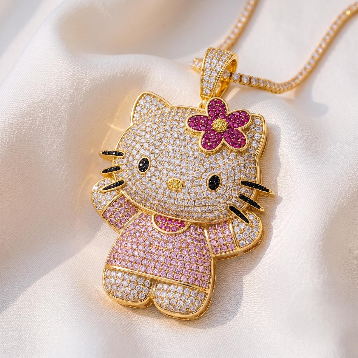 Rare 925 Sterling Silver Iced Out Kitty Pendant | Micro Pave White Zircon Kawaii Character Charm | Cute Animal Necklace Gift for her.