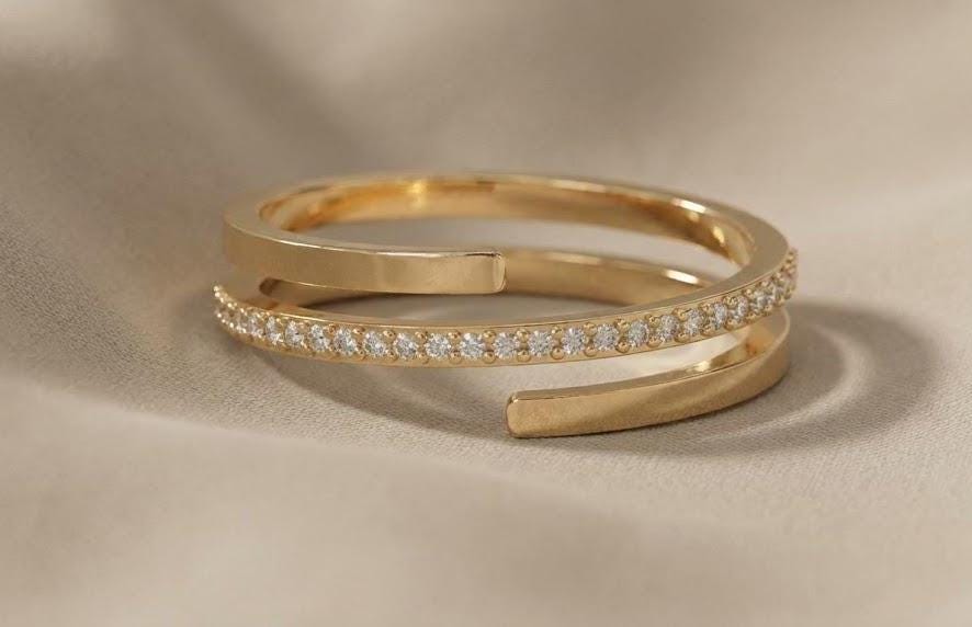 Gold Plated Sterling Silver Open Ring, Cubic Zirconia Stackable Ring