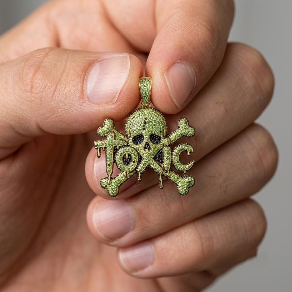 Rare Iced Out Toxic Skull Pendant | 925 Sterling Silver Dripping Letter Halloween Jewelry | Cool Hip Hop Statement Gift for her/him