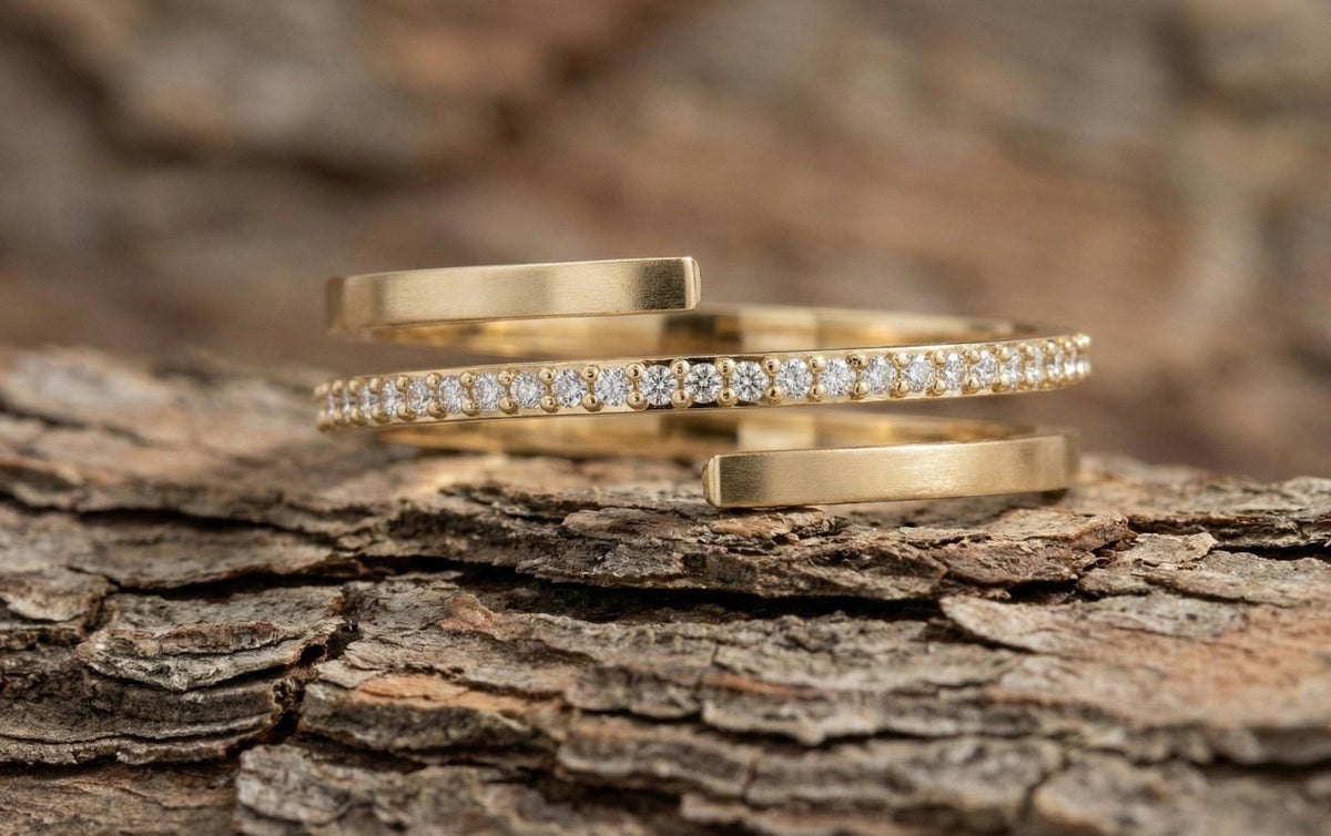 Gold Plated Sterling Silver Open Ring, Cubic Zirconia Stackable Ring