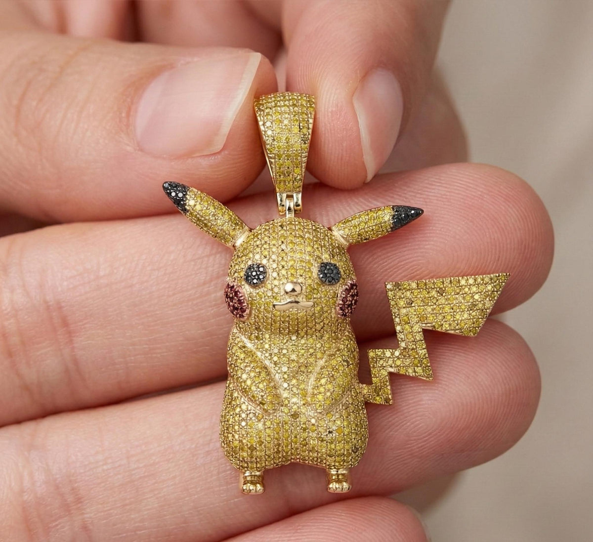 Iced Out Pikachu Pendant, 14k Gold, CZ Sterling Silver Necklace