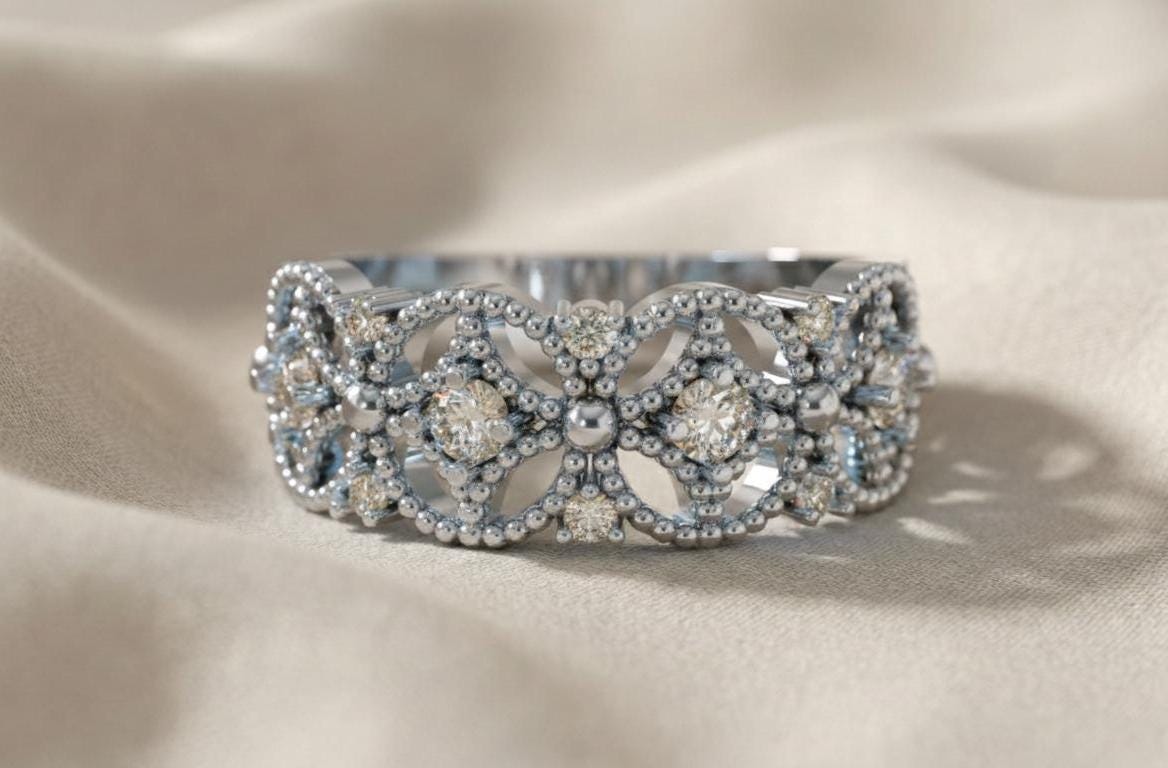 Vintage Floral Diamond Band | 925 Sterling Silver Eternity Ring