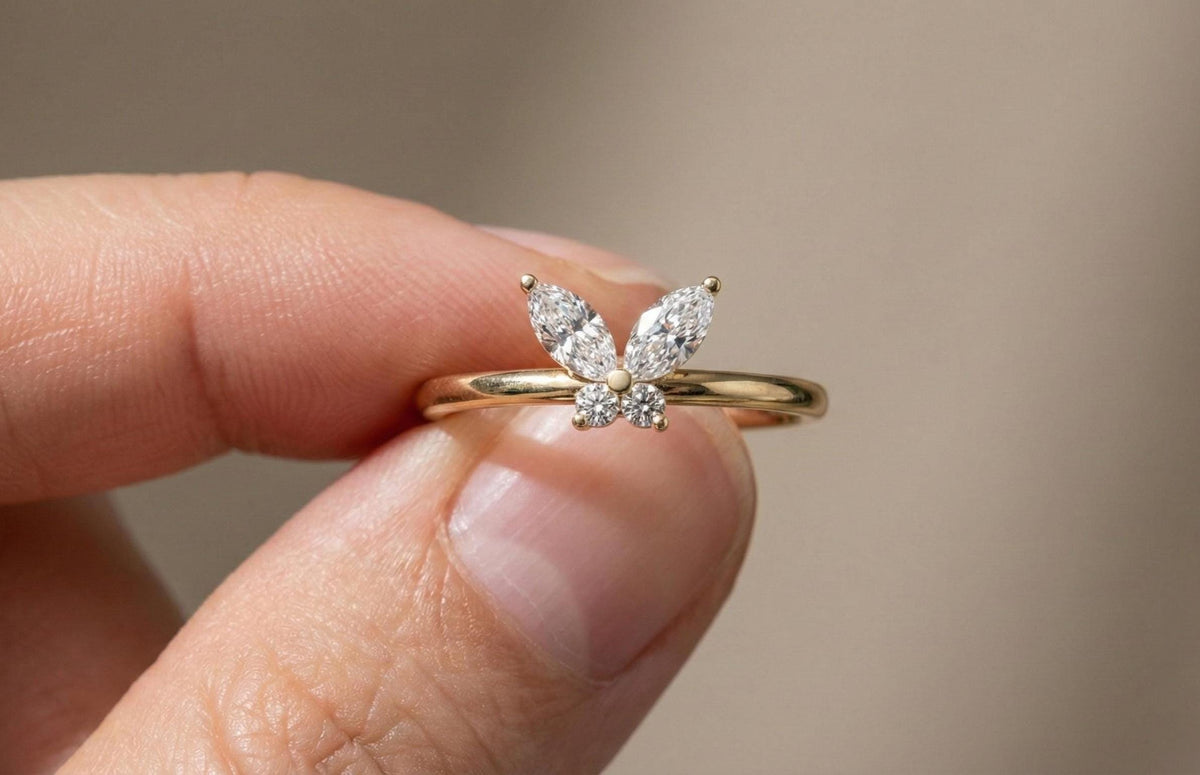Butterfly Ring 925 Sterling Silver Gold, Marquise Diamond Style Ring, Dainty Minimalist Engagement Ring, Promise Ring Gift for Her