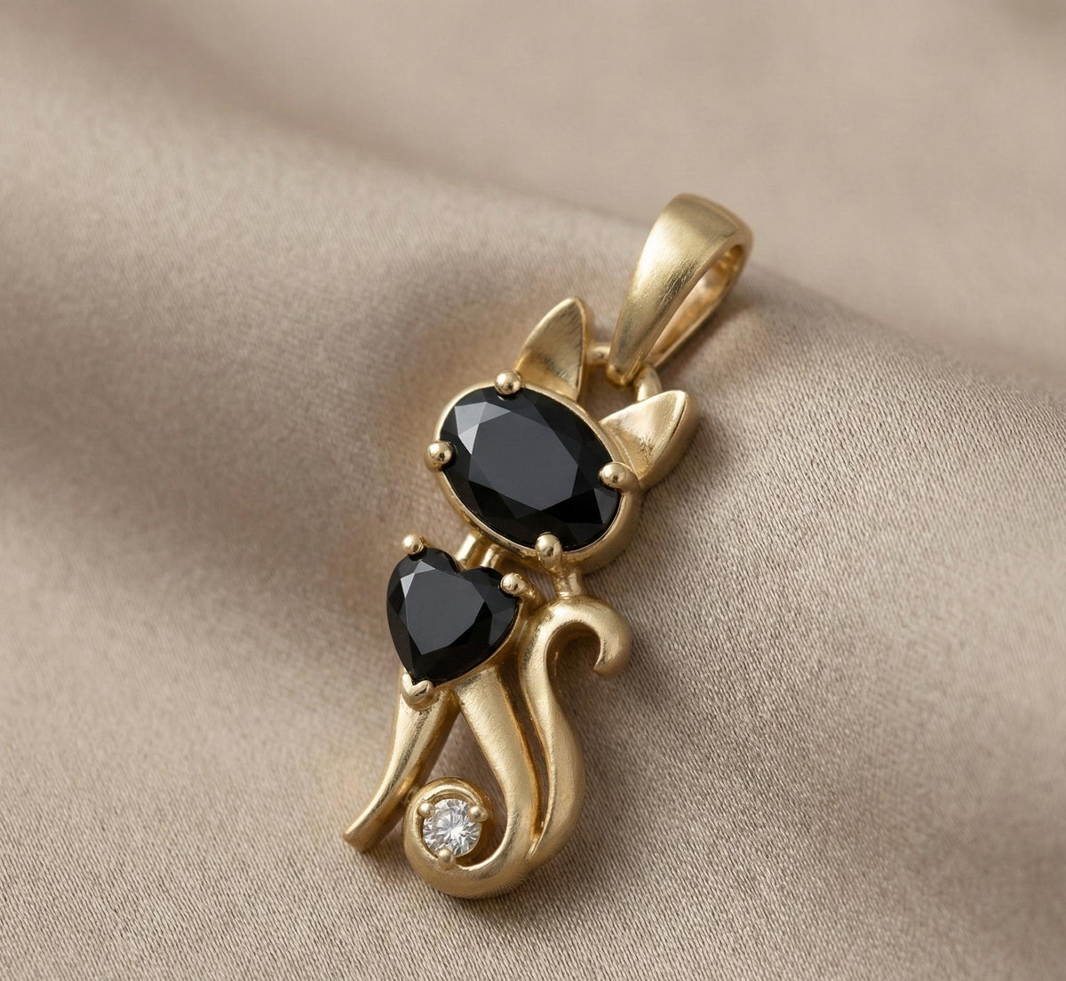 Gold Plated Sterling Silver Black Cat Necklace, Onyx Animal Charm