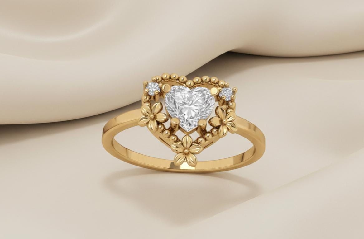 Floral Heart Engagement Ring, 925 Sterling Silver, Vintage Style