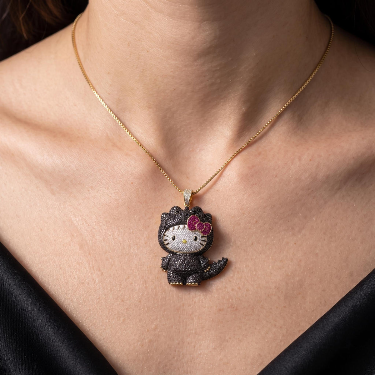 Rare Iced Out Kitty x Godzilla Pendant | 925 Sterling Silver, Yellow & Rose Gold Plated | Custom Monster Cat Charm Gift For her/him