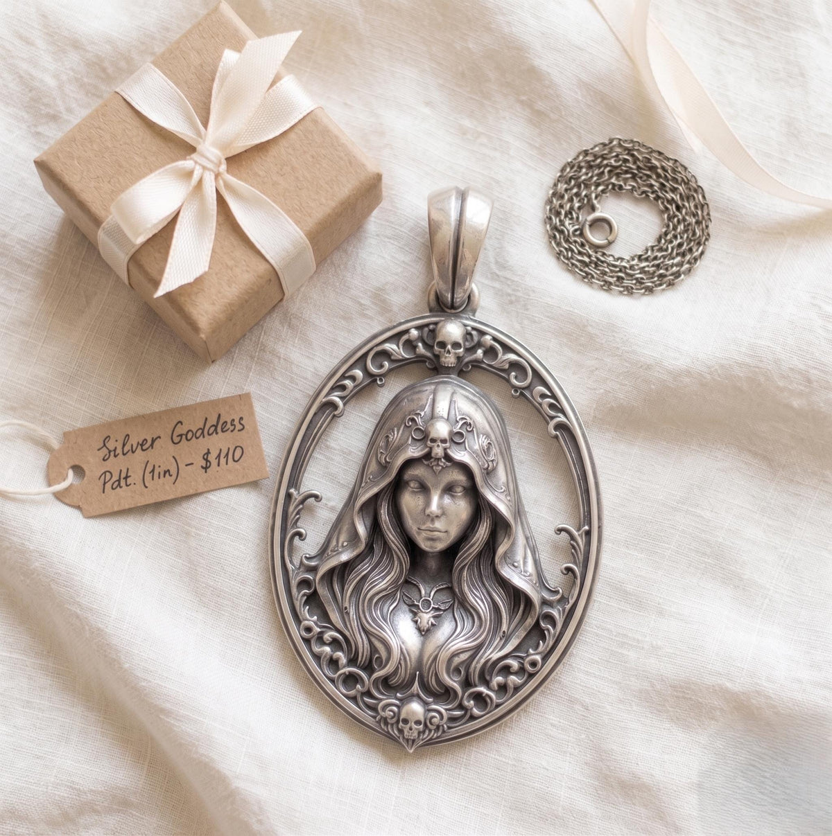 Gothic Goddess Skull Pendant, 925 Sterling Silver Witch Necklace, Victorian Goth Halloween Jewelry, Rose Gold Dark Academia Gift for Her
