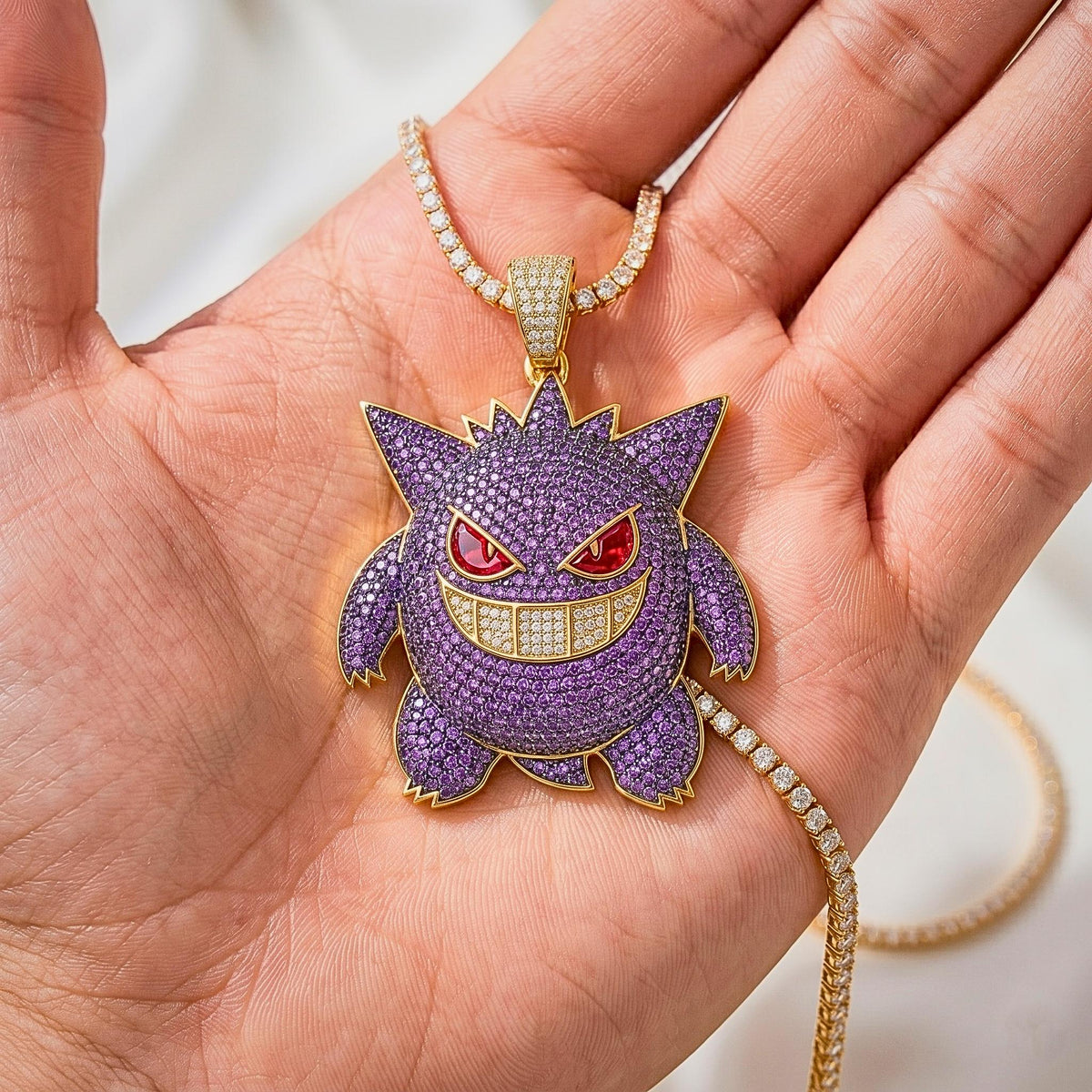 Rare Iced Out Gengar Pendant | 925 Sterling Silver Anime Necklace Hip Hop Gamer Jewelry Gold  Ghost Charm Custom Nostalgic Gift for him/her.