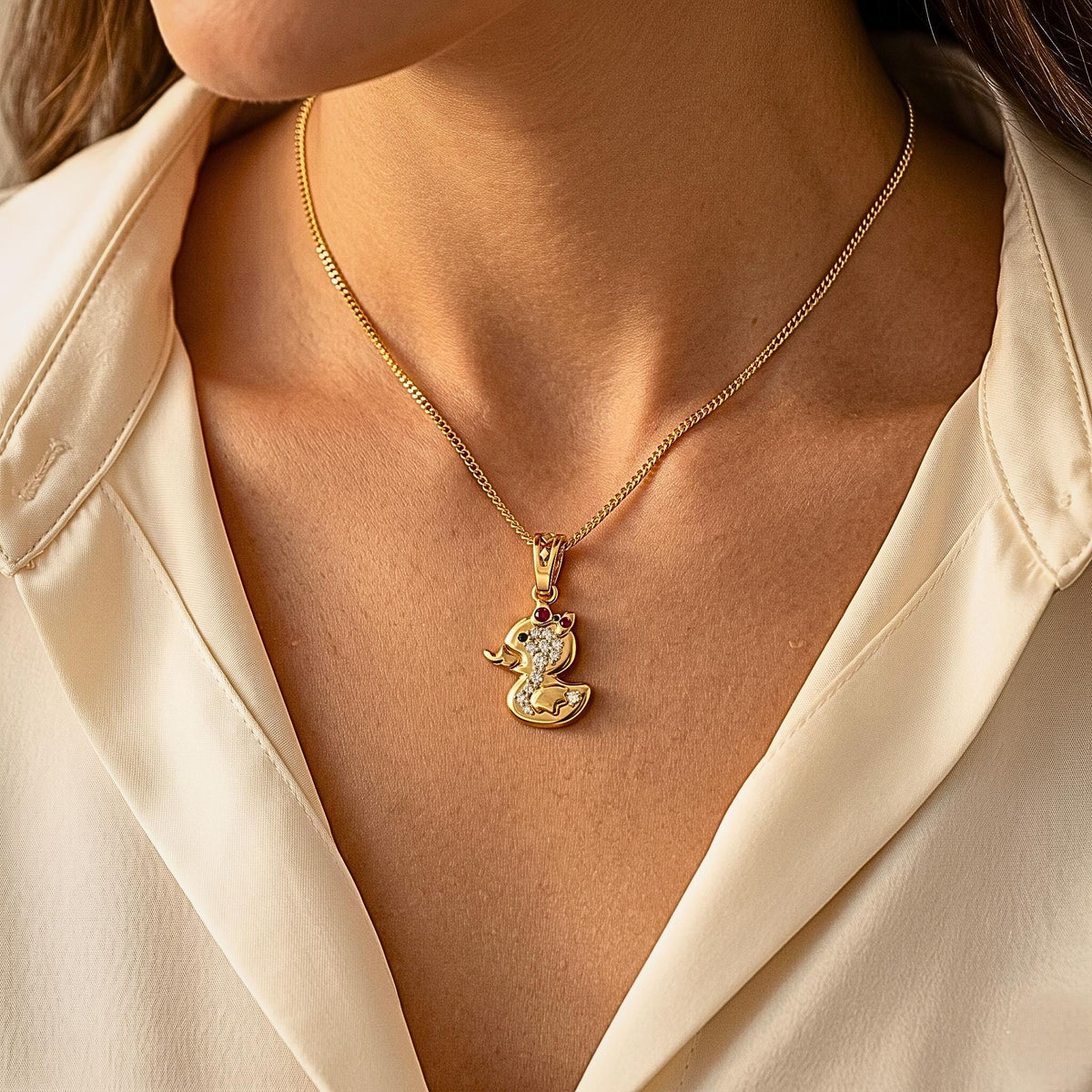 925 Sterling Silver Duckling Pendant with Red Bow, Sparkling Stones | Whimsical Children's Jewelry