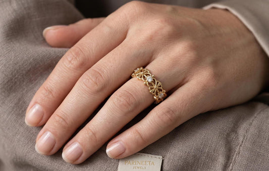 Vintage Floral Diamond Band Ring, 925 Sterling Silver Gold Plated Ring, Dainty Filigree Flower Ring, Minimalist Wedding Band, Gift For Her