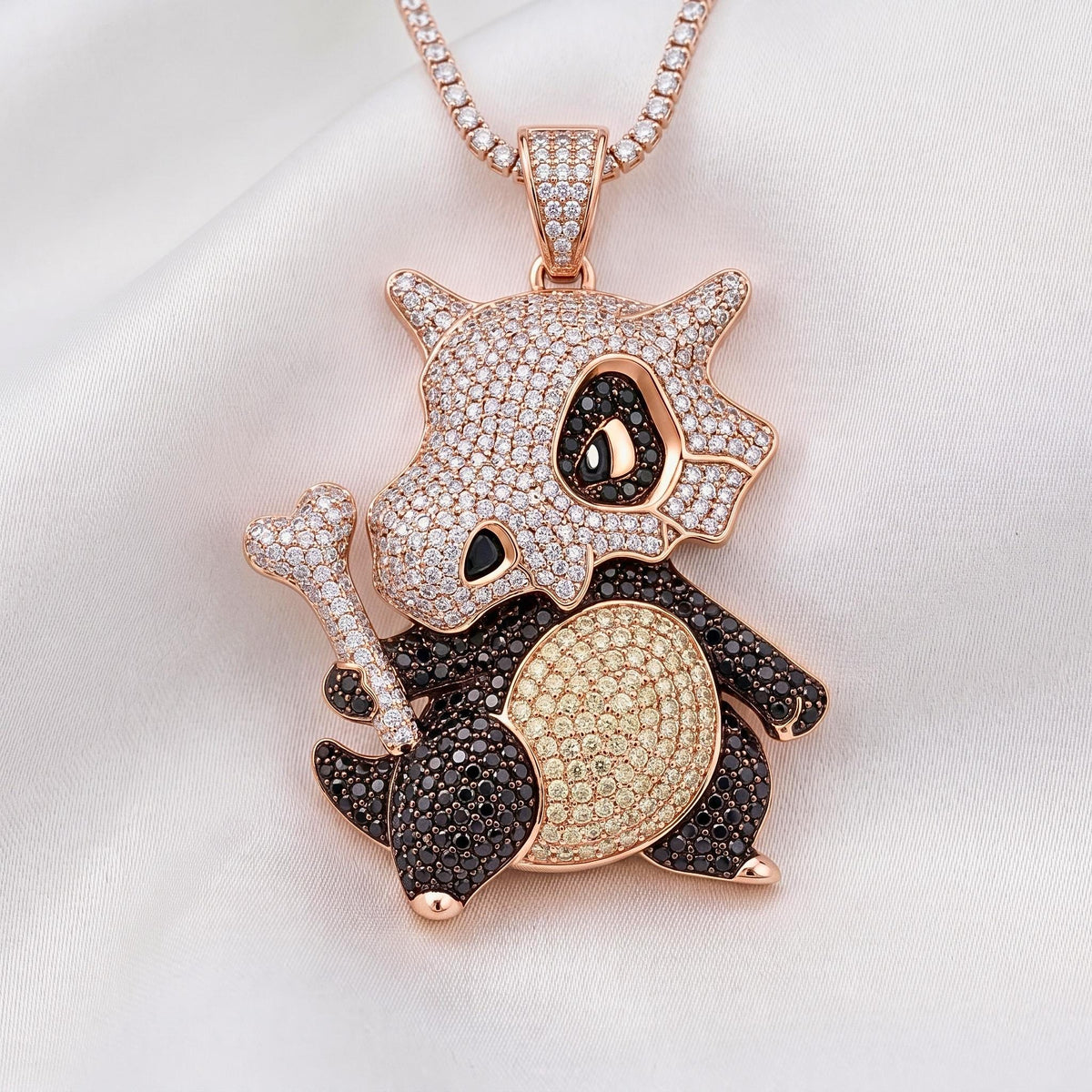 Rare Iced Out Cubone Pokémon Pendant, 925 Sterling Silver Custom Jewelry , Yellow & Rose Gold Plated Anime Charm, Gamer Gift For Him/her