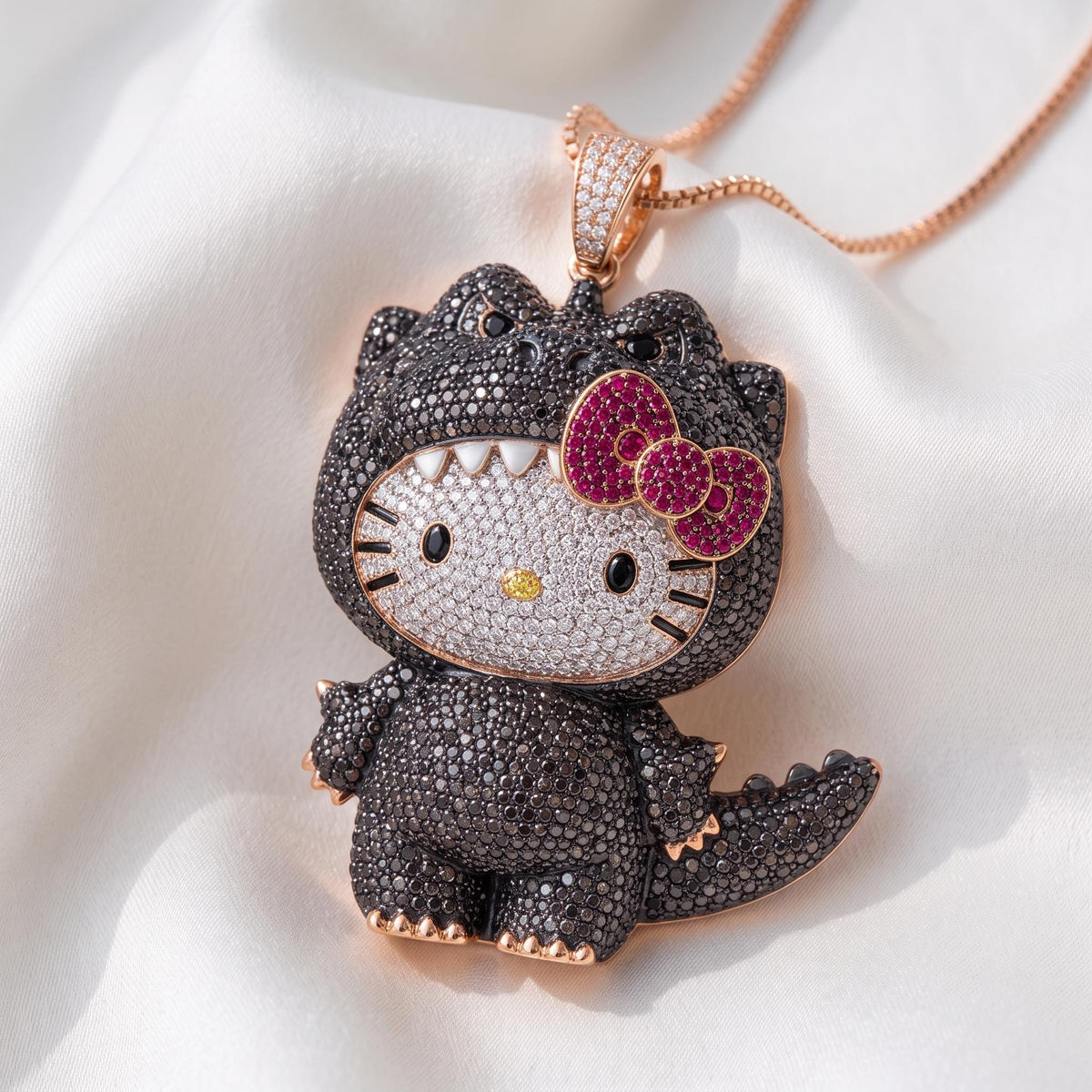 Rare Iced Out Kitty x Godzilla Pendant | 925 Sterling Silver, Yellow & Rose Gold Plated | Custom Monster Cat Charm Gift For her/him