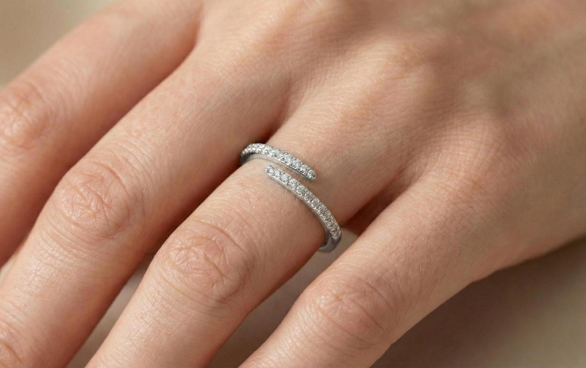 925 Sterling Silver Open Diamond Ring, Gold Plated Minimalist Adjustable Ring, Dainty Pave CZ Open Band, Anniversery Gift For Her