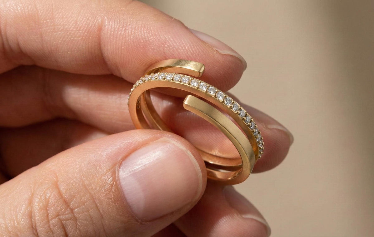 Gold Plated Sterling Silver Open Ring, Cubic Zirconia Stackable Ring