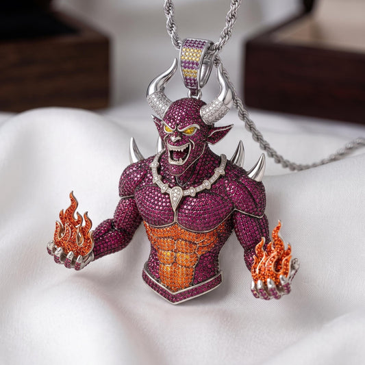 Rare Iced Out Demon Pendant | 925 Sterling Silver Halloween Jewelry | Yellow & Rose Gold Plated Hip Hop Devil Charm Gift for him/her