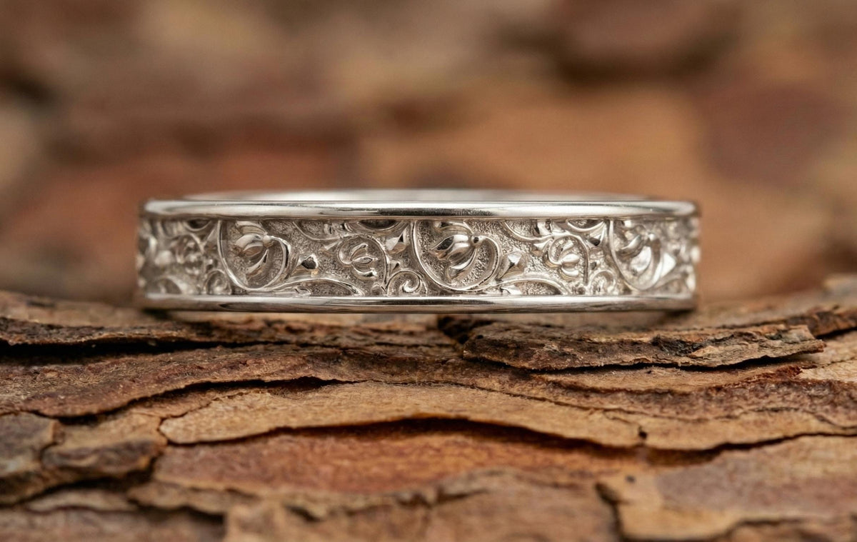 Gold Floral Wedding Band | Vintage Art Nouveau Scroll Ring | Engraved Flower Eternity Ring | Nature Inspired Garden Jewelry | Gift for Her