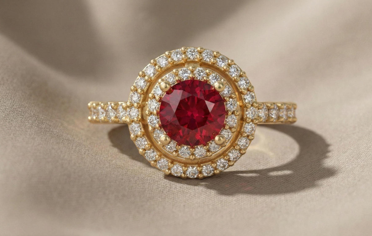 Ruby Halo Engagement Ring for Women, 925 Sterling Silver Gold Plated Ring, Diamond Accent Bridal Ring, July Birthstone Gift,