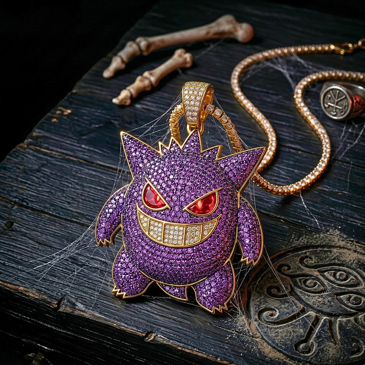 Rare Iced Out Gengar Pendant | 925 Sterling Silver Anime Necklace Hip Hop Gamer Jewelry Gold  Ghost Charm Custom Nostalgic Gift for him/her.