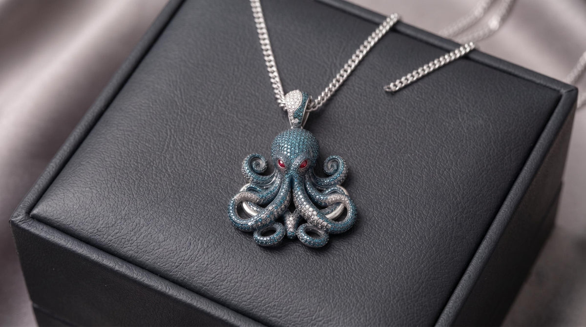 Rare Iced Out Octopus Pendant | 925 Sterling Silver Nautical Halloween Jewelry | Gothic Sea Creature Necklace | Hip Hop gift for her/him