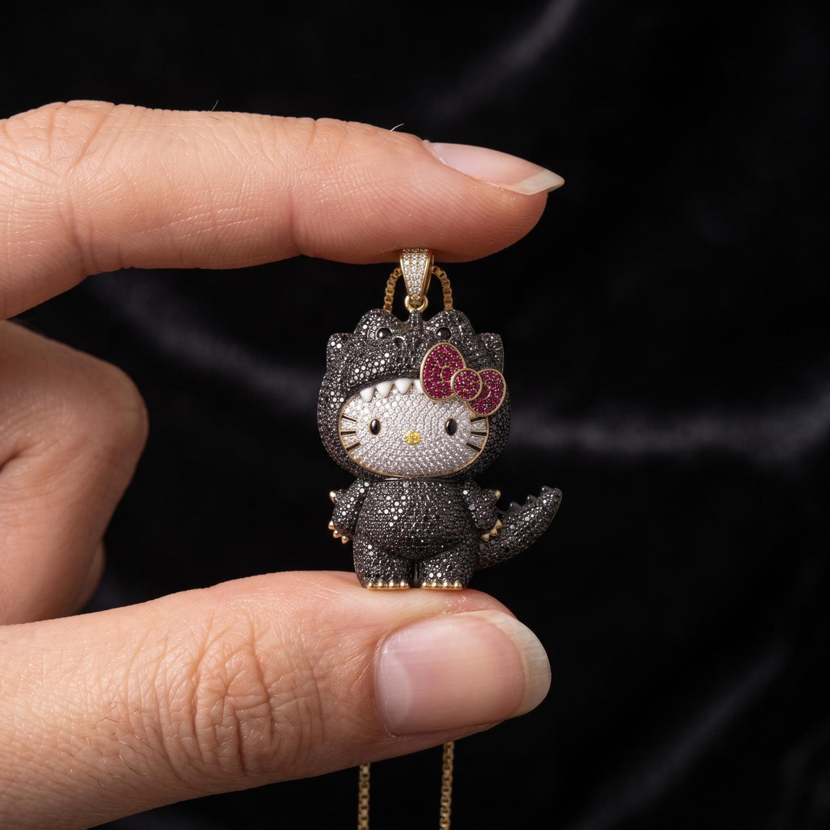 Rare Iced Out Kitty x Godzilla Pendant | 925 Sterling Silver, Yellow & Rose Gold Plated | Custom Monster Cat Charm Gift For her/him
