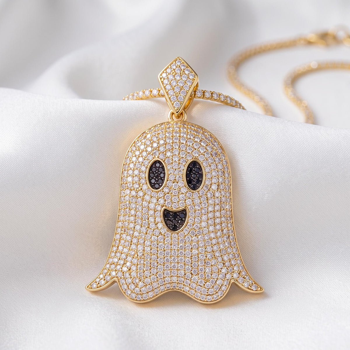 925 Sterling Silver Iced Out Ghost Pendant  | Rare Hip Hop Ghost Charm |  Gold Plated Micro-Pave CZ Jewelry | Halloween Gift for her/him