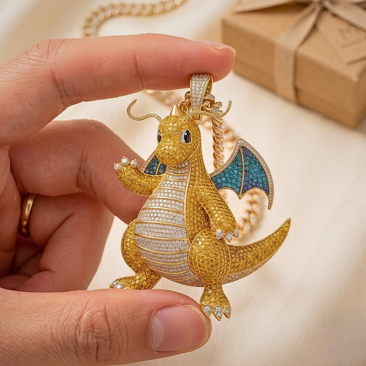 Iced Out Dragonite Pokemon Pendant | 925 Sterling Silver Anime Jewelry | Hip Hop Gamer Charm | Custom Pop Culture Bling | Gift for her/him.
