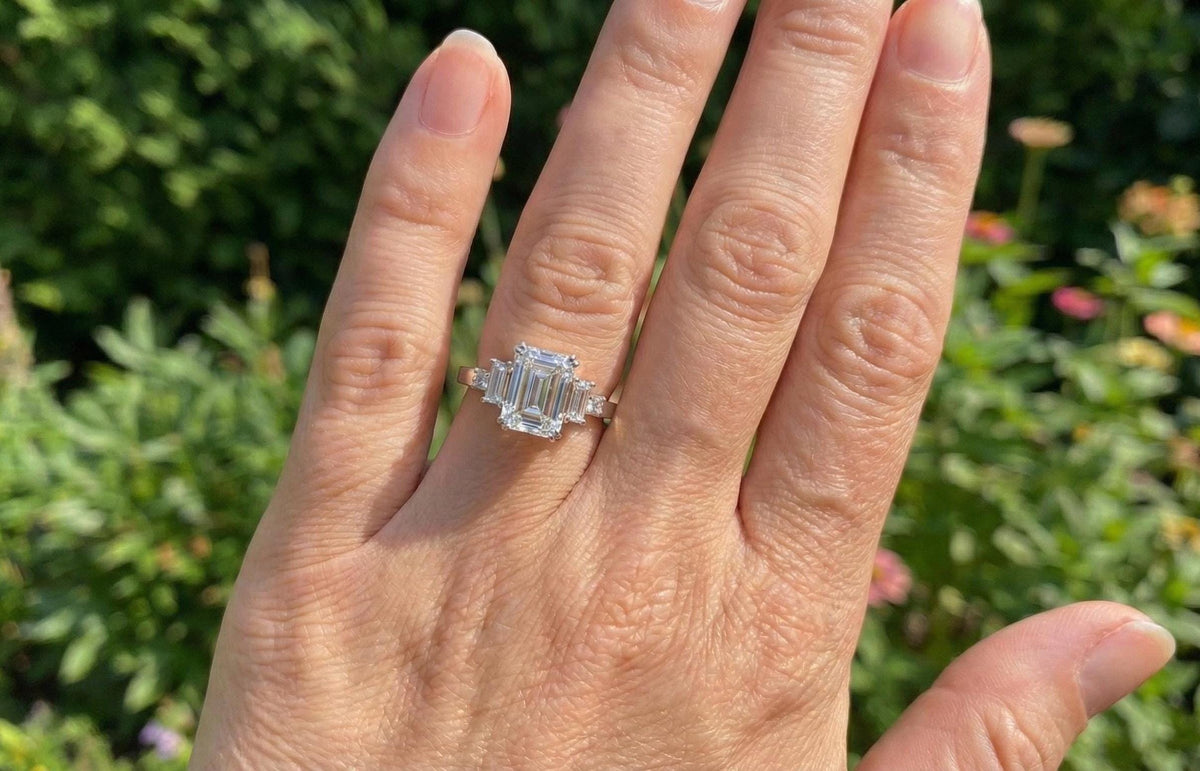 Emerald Cut Moissanite Ring, Sterling Silver Three Stone Engagement Ring