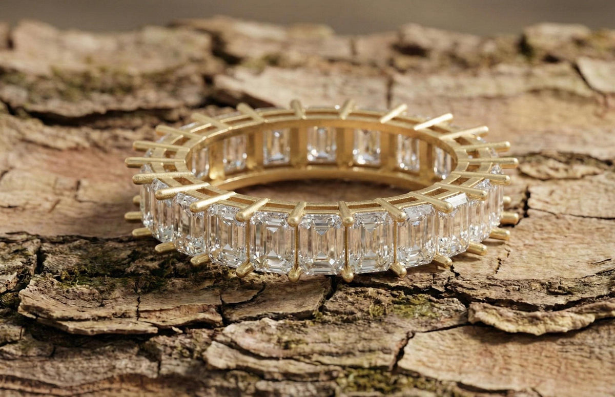 Sterling Silver Emerald Cut Moissanite Eternity Ring, Handmade Wedding Band