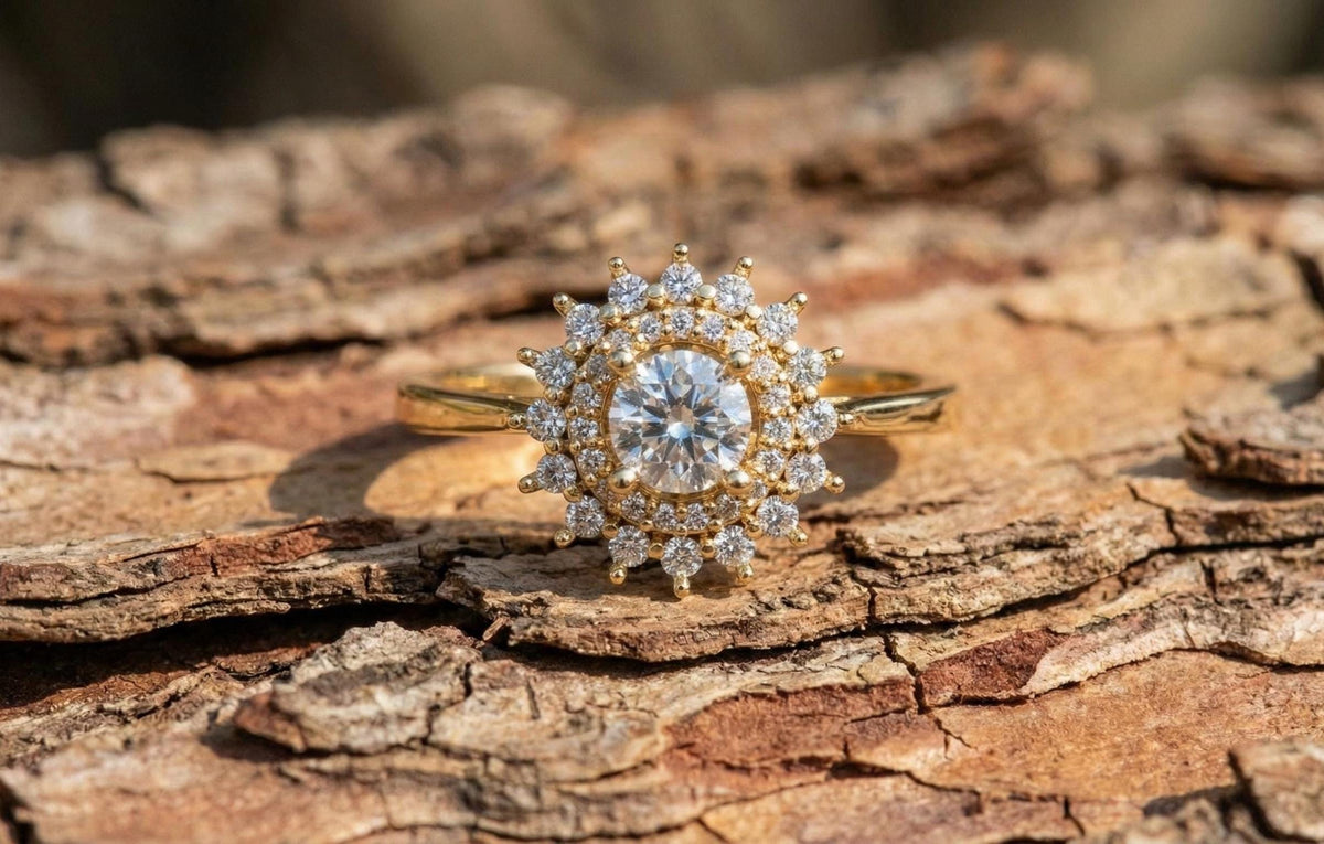 Gold Plated Sterling Silver Halo Engagement Ring, Vintage Bridal Jewelry
