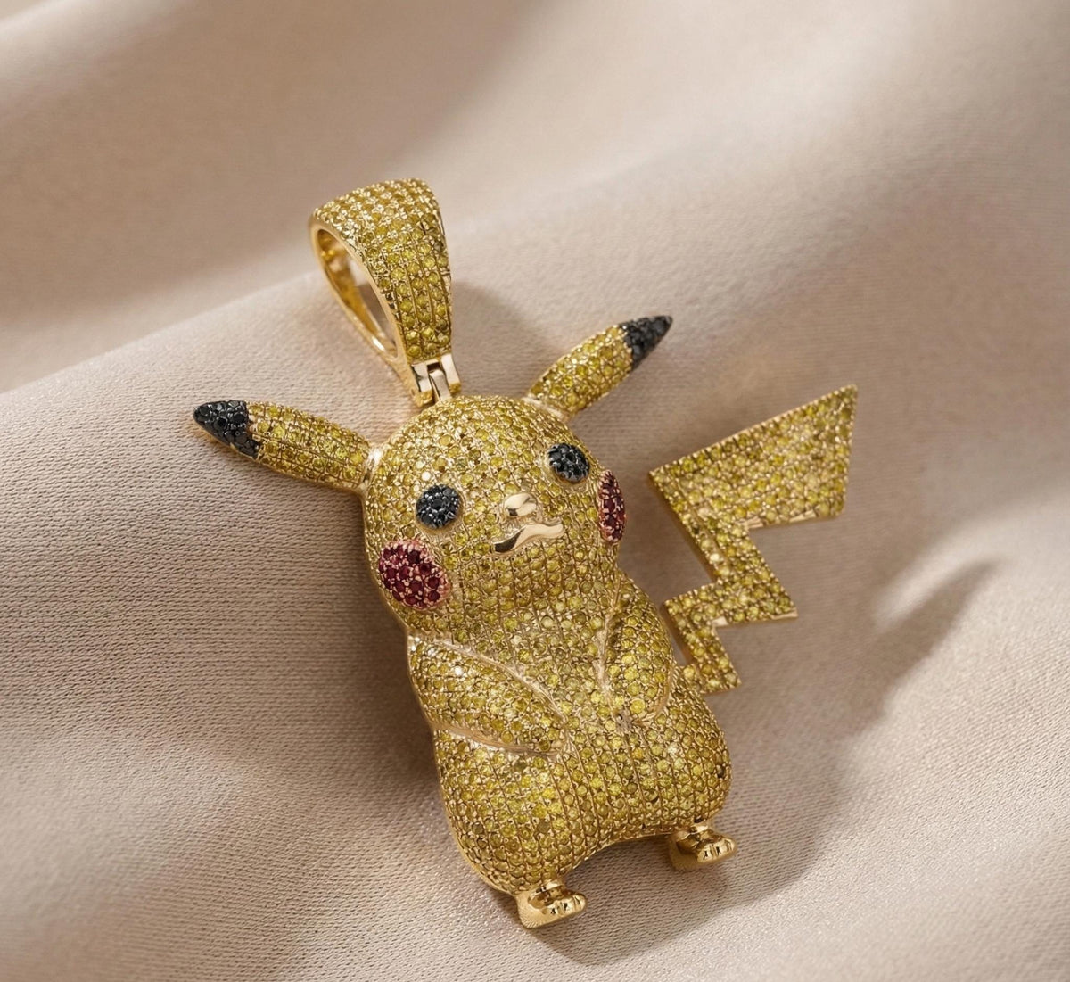 Iced Out Pikachu Pendant, 14k Gold, CZ Sterling Silver Necklace