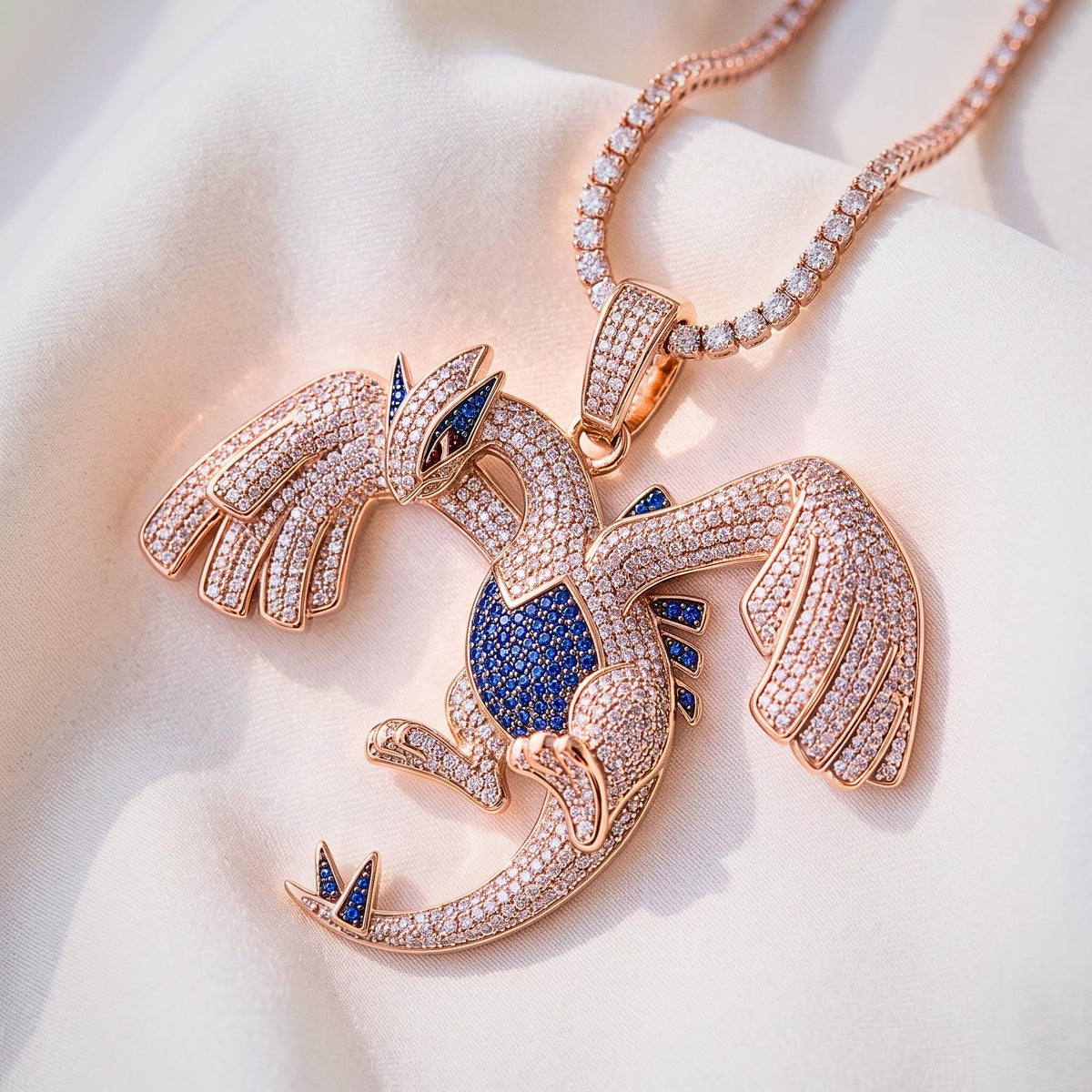 TRare Iced Out Lugia Pokemon Pendant | 925 Sterling Silver Anime Jewelry | Legendary Gamer Charm | Custom Pop Culture Bling Gift for her/him