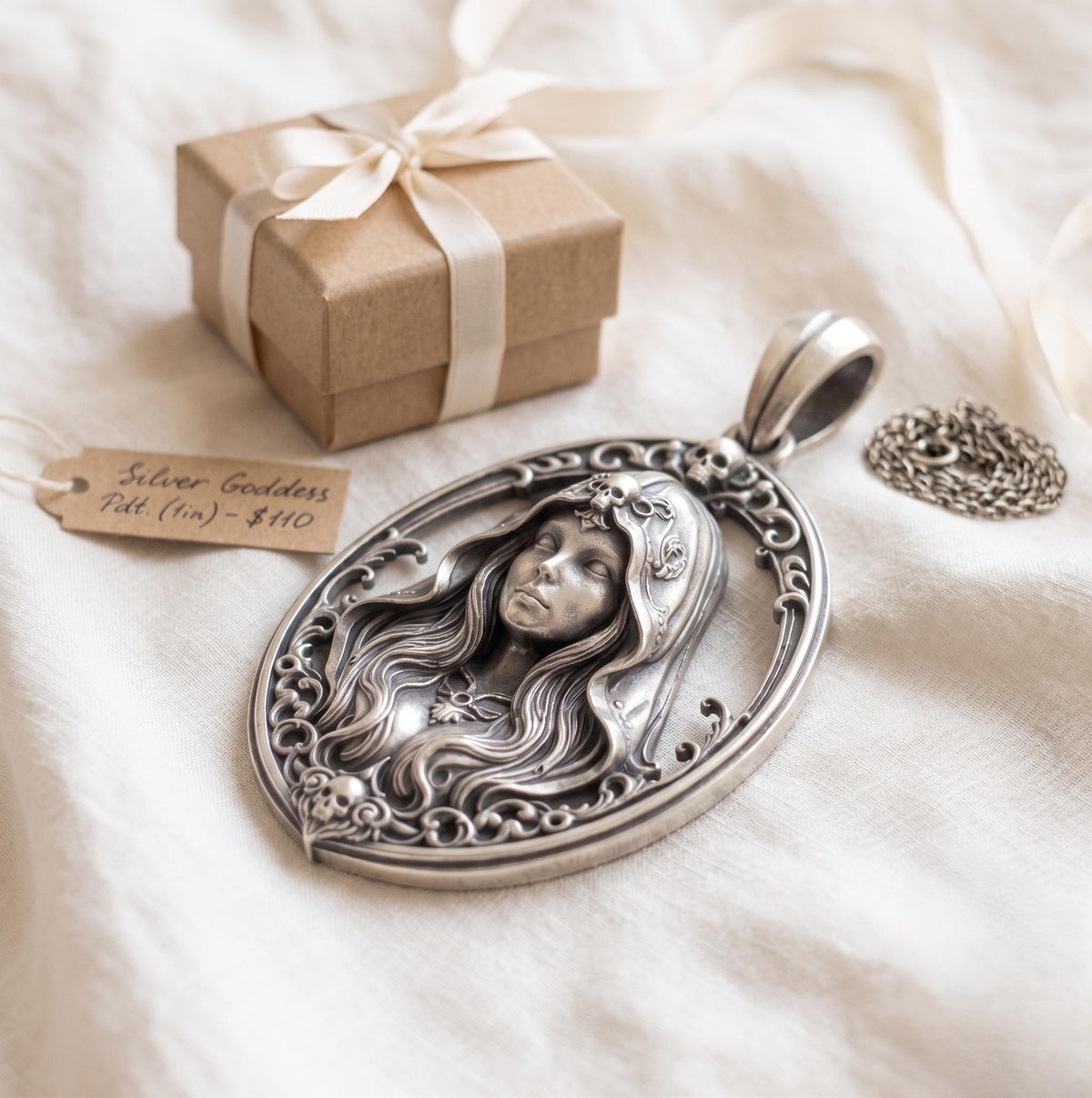 Gothic Goddess Skull Pendant, 925 Sterling Silver Witch Necklace, Victorian Goth Halloween Jewelry, Rose Gold Dark Academia Gift for Her