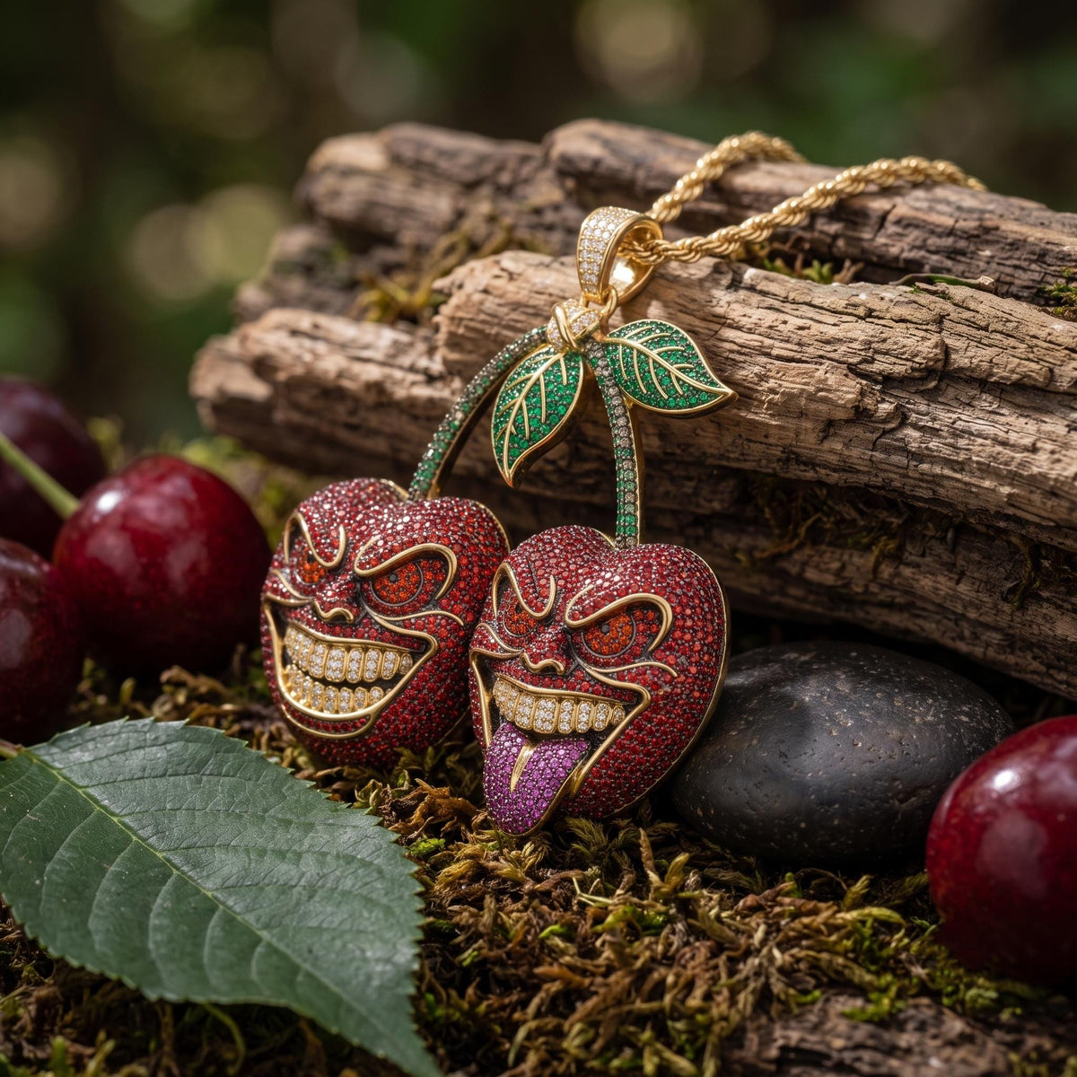 Rare Iced Out Evil Cherry Pendant |  925 Sterling Silver Halloween Jewelry | Custom Macabre Charm | Gold Plated Hip Hop Gift for her/him