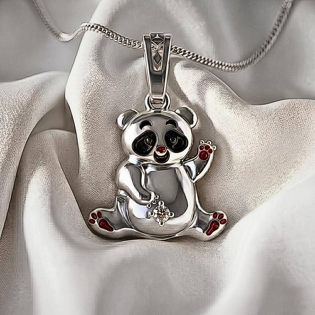 925 Sterling Silver Waving Panda Bear Pendant: Nature Animal Charm, Whimsical Children Jewelry