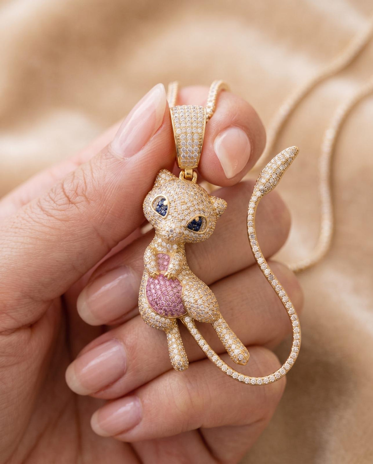 Iced Out Mew Pendant, 925 Sterling Silver Micro Pave Anime Necklace, Pink Blue Gemstones
