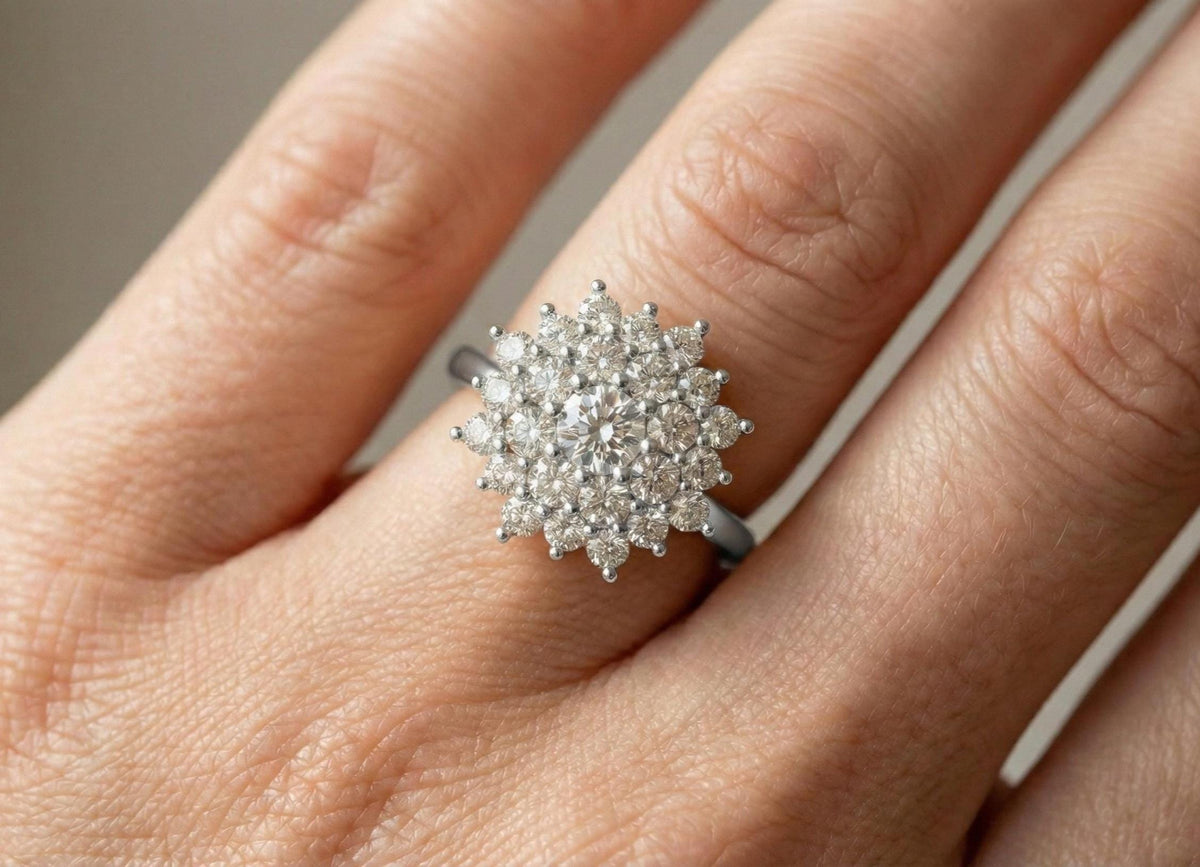 Sterling Silver Cluster Ring | Snowflake Halo Diamond Ring | Statement Engagement Ring | Bridal Jewelry Gift for Her