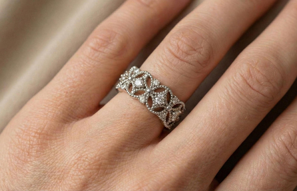 Vintage Floral Diamond Band | 925 Sterling Silver Eternity Ring