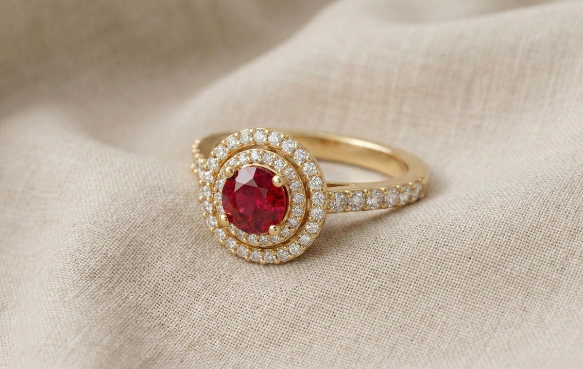 Ruby Halo Engagement Ring for Women, 925 Sterling Silver Gold Plated Ring, Diamond Accent Bridal Ring, July Birthstone Gift,