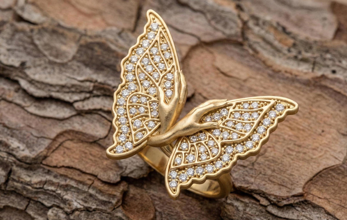 925 Sterling Silver RING Butterfly Ring Gold Butterfly Statement Ring, Diamond CZ Butterfly Wing Ring Luxury Butterfly Jewelry, Gift For Her