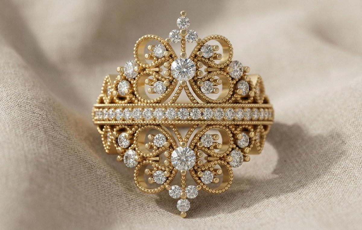 Gold Butterfly Filigree Ring | Vintage Style Wide Band | Diamond Statement Ring | Victorian Revival Cocktail Ring | Floral Lace Wedding Ring