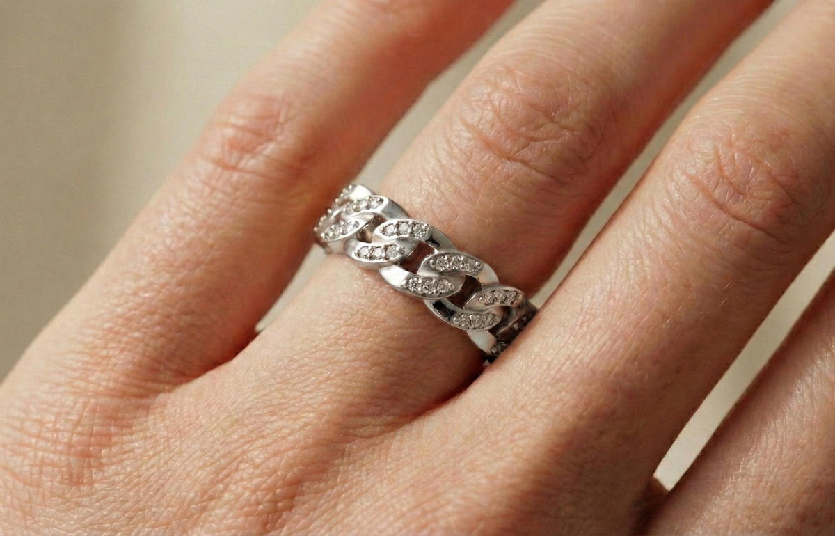Gold Cuban Link Ring, Pave CZ Sterling Silver Chain Band
